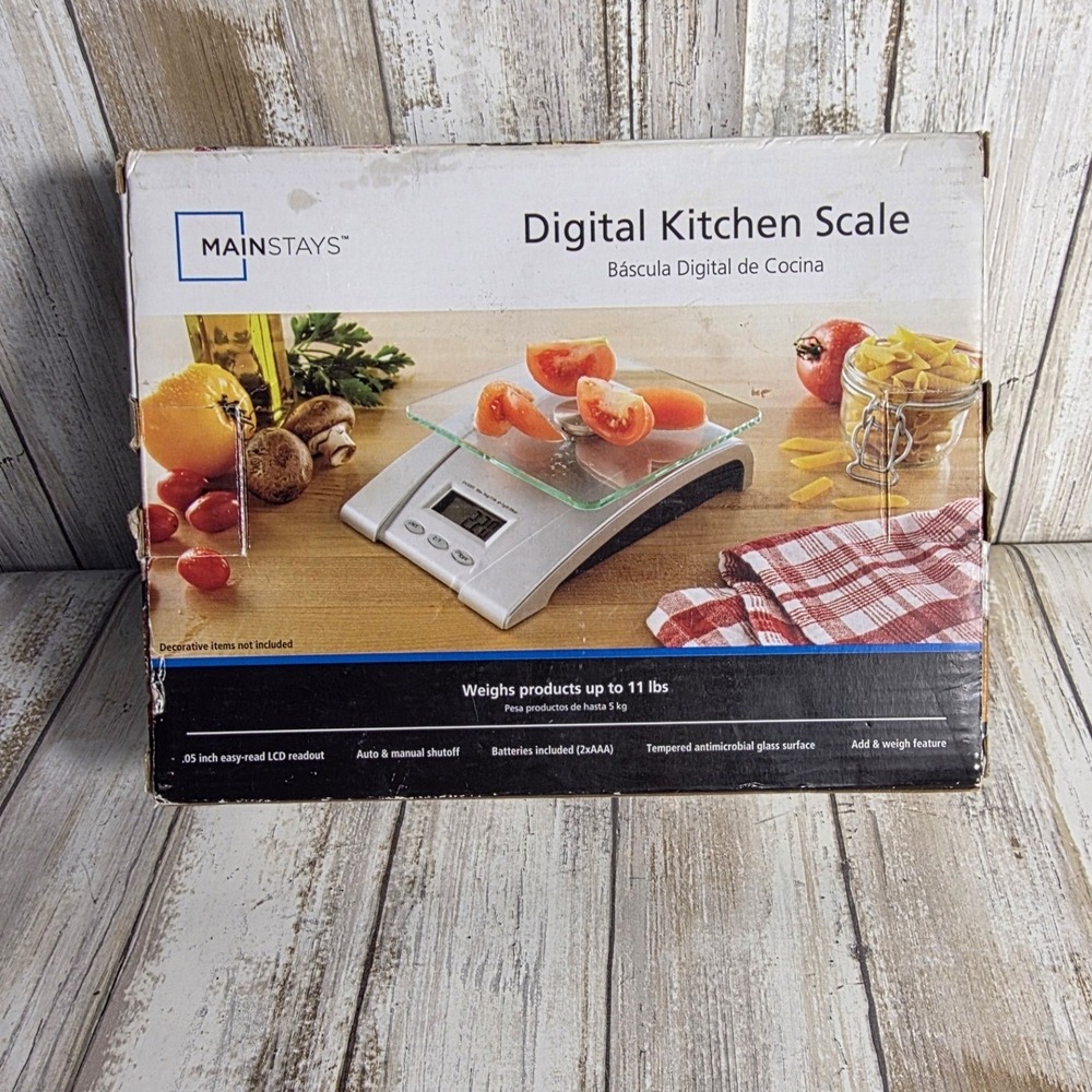 Mainstays Digital Kitchen Scale Silver Tempered Glass Platform Weighs to 11 lbs - Picture 2 of 3